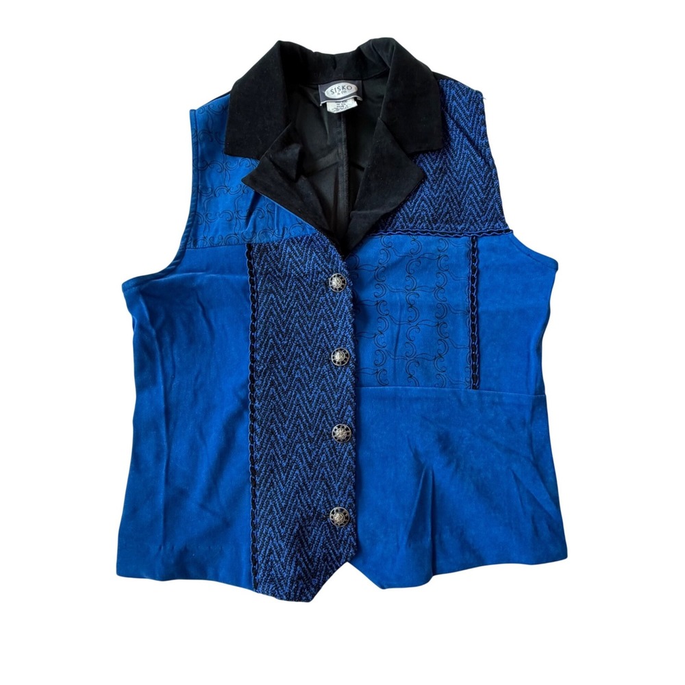 Sisko VTG Blue Black Patchwork Embroidered Button Front Vest Ornate Buttons S - Picture 5 of 10